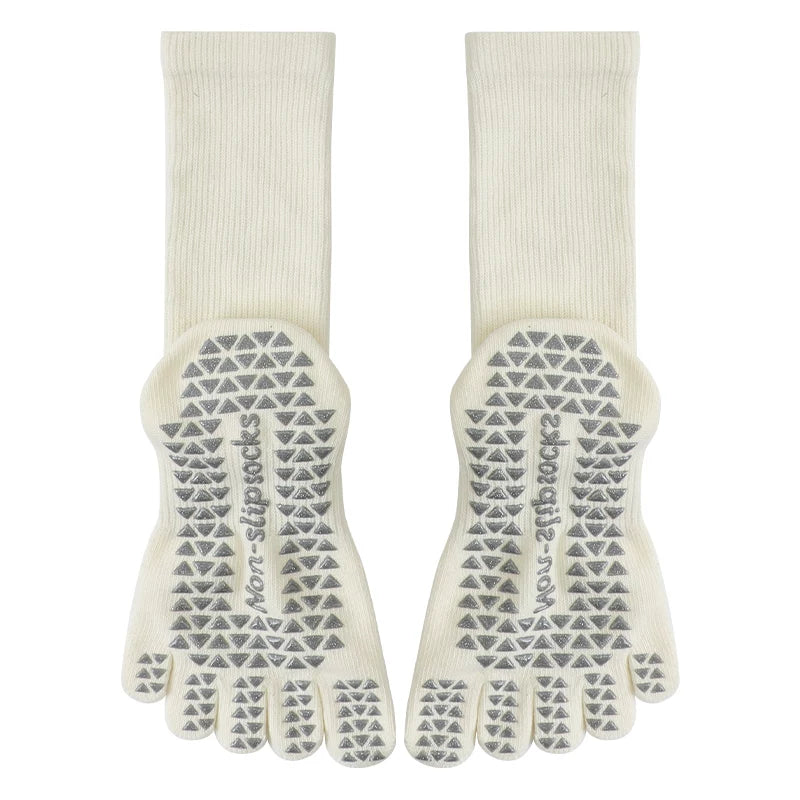 Crystorax | White Cotton Non-Slip Toe Yoga Socks for Women, Mid-Calf Pilates Socks for Indoor Fitness