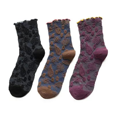 Crystorax | 3-Pack Floral Knit Mid-Calf Socks for Women, Retro Forest Style Ruffle Edge Socks for Spring and Autumn
