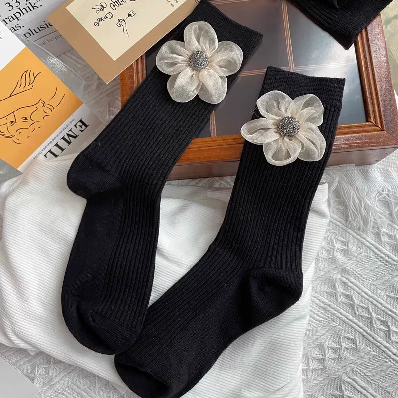 Crystorax | Elegant Floral Mesh Mid-Calf Socks for Women, Spring and Autumn Organza Flower Socks with Subtle Shine