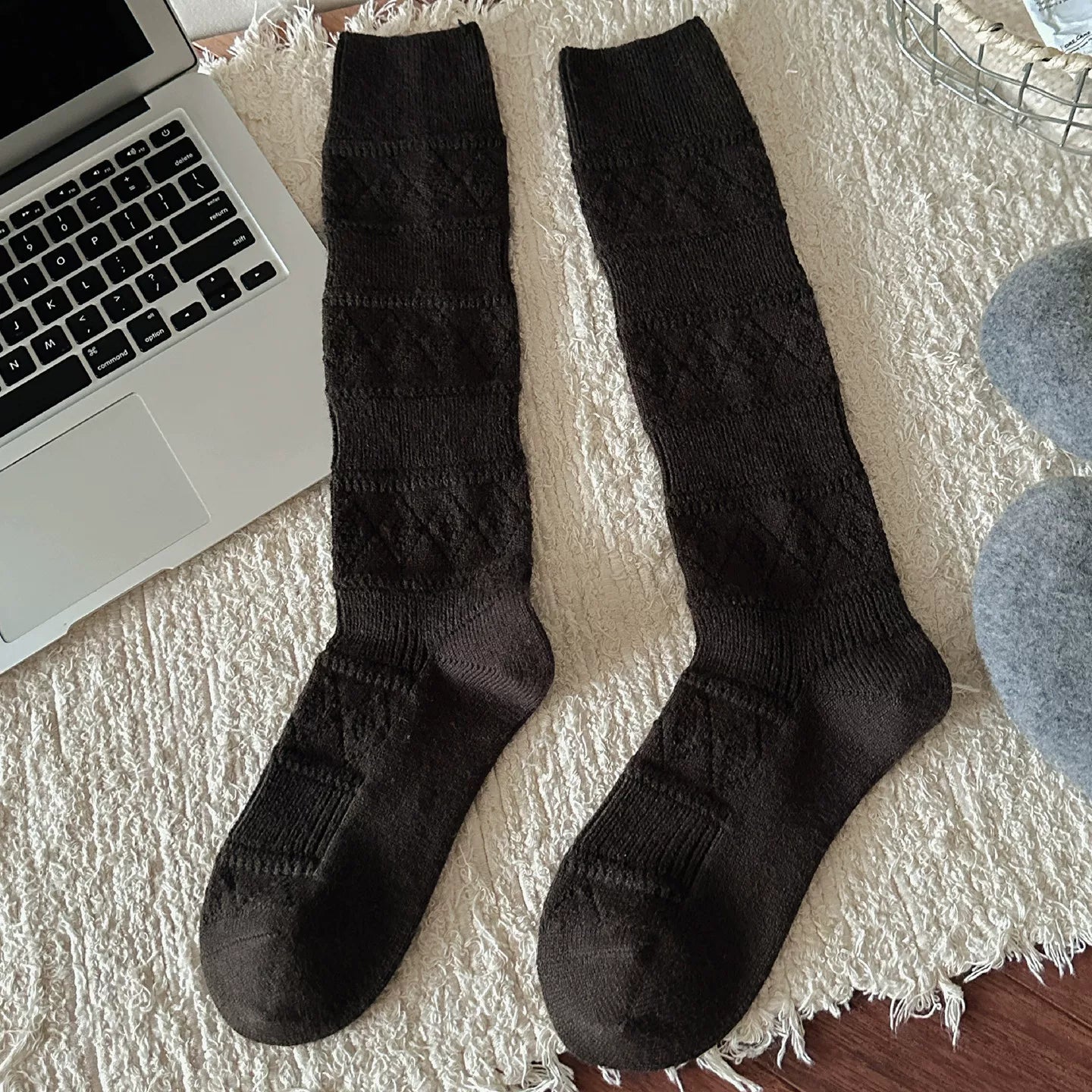 Crystorax | Warm Velvet Diamond Knit Mid-Calf Socks for Women, Korean Retro Pile Socks for Autumn and Winter