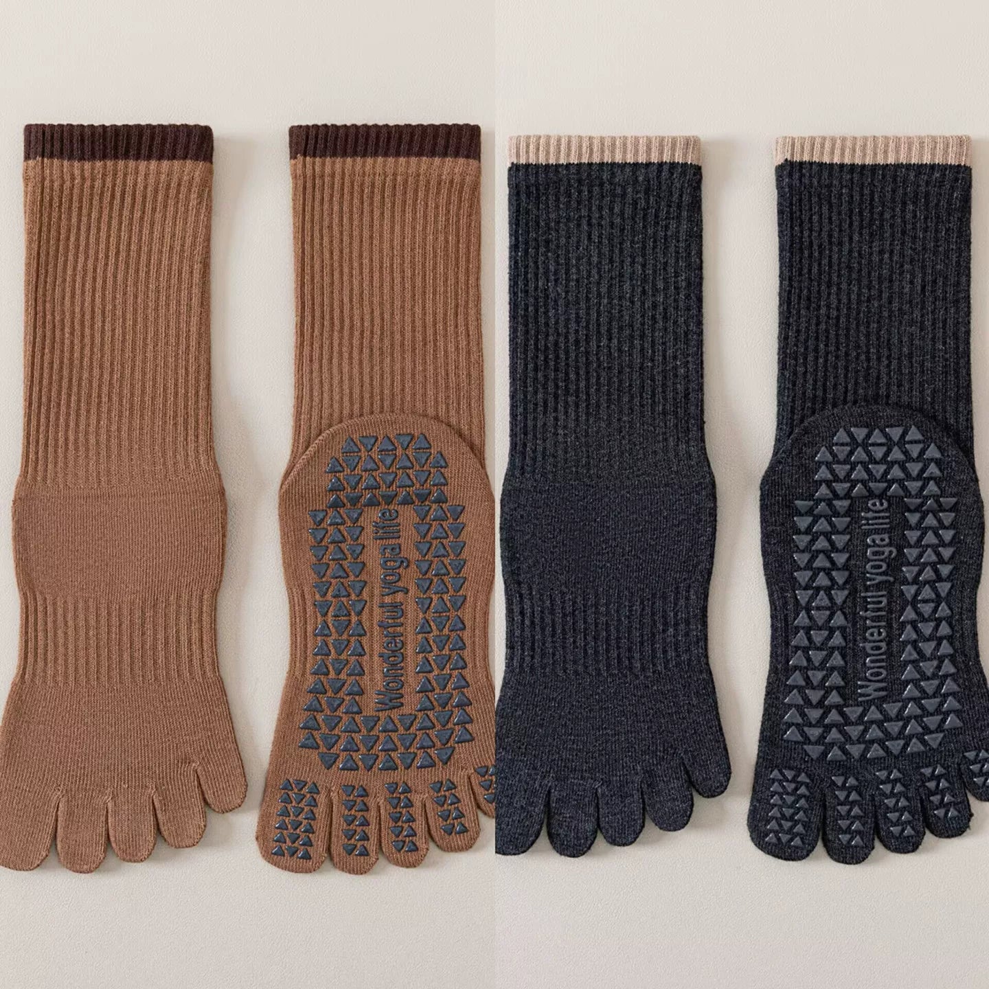 Crystorax | Striped Five-Toe Yoga Socks for Women, Non-Slip Mid-Calf Socks for Pilates, Dance, and Fitness