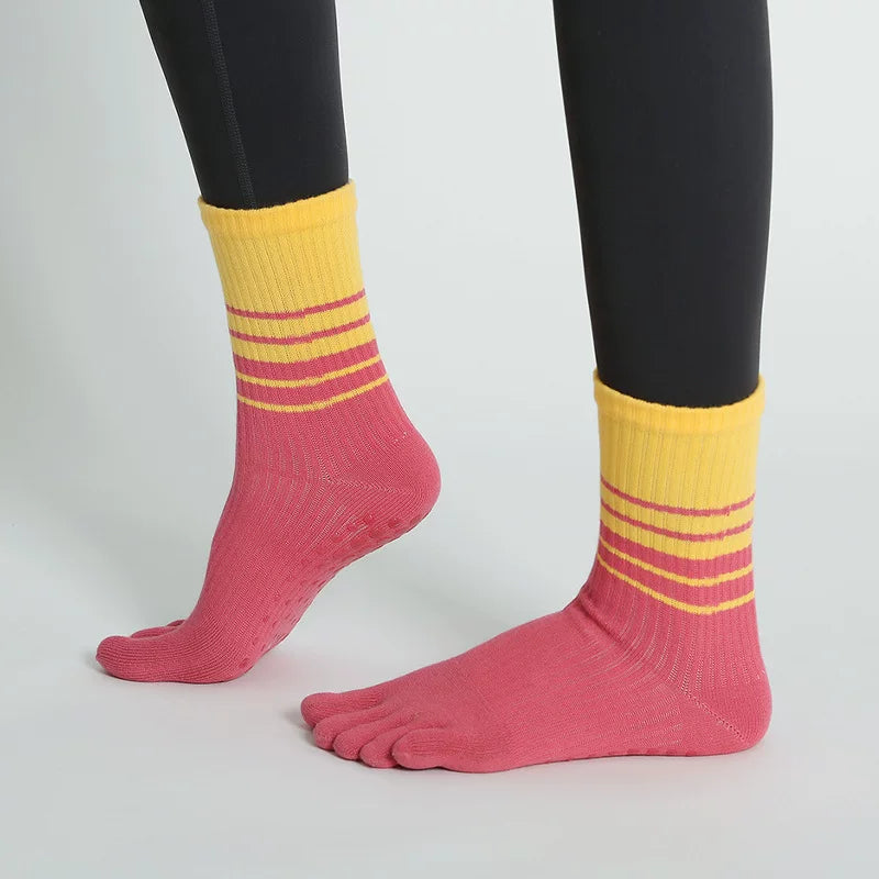 Crystorax | Gradient Stripe Non-Slip Toe Yoga Socks for Women, Mid-Calf Autumn and Winter Pilates Fitness Socks