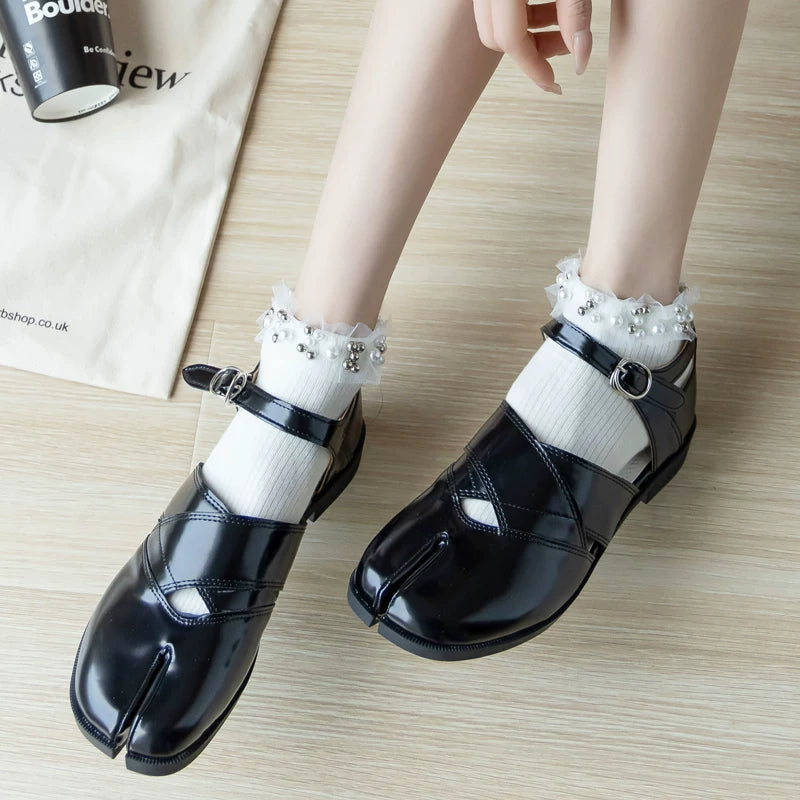 Crystorax | Black and White Lace Mid-Calf Socks for Women, Japanese-Inspired Cute Pearl Detail Spring Fashion Socks