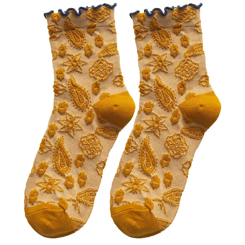 Crystorax | 3-Pack Floral Knit Mid-Calf Socks for Women, Retro Forest Style Ruffle Edge Socks for Spring and Autumn