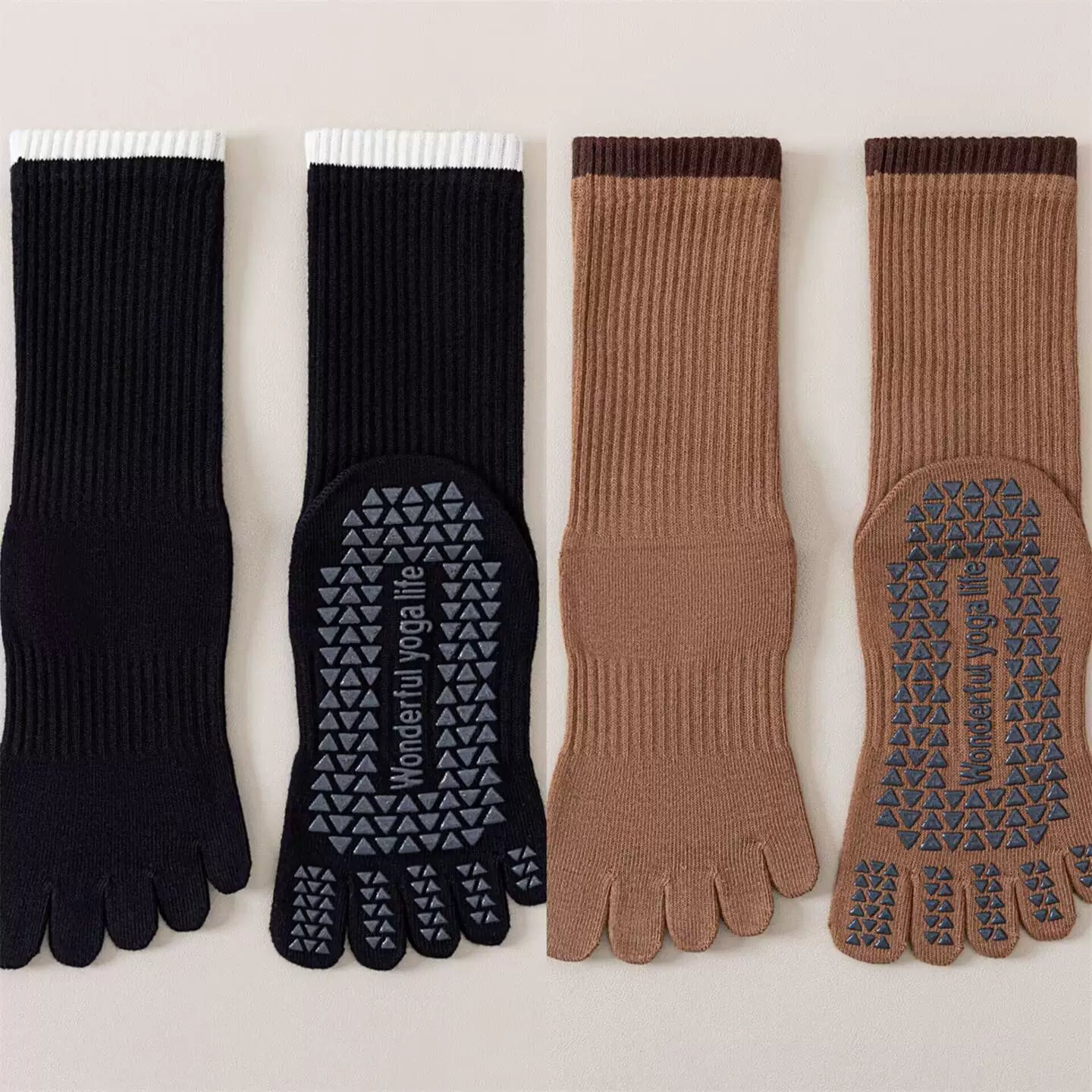 Crystorax | Striped Five-Toe Yoga Socks for Women, Non-Slip Mid-Calf Socks for Pilates, Dance, and Fitness