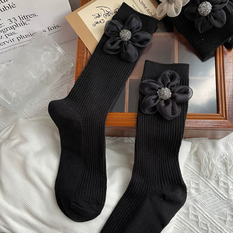 Crystorax | Elegant Floral Mesh Mid-Calf Socks for Women, Spring and Autumn Organza Flower Socks with Subtle Shine