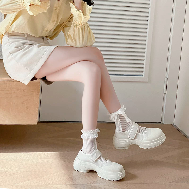 Crystorax | Fairy Lace Bow Mid-Calf Socks for Women, Lightweight Spring Summer Cotton Socks with Vertical Stripe Design