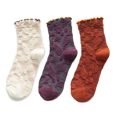 Crystorax | 3-Pack Floral Knit Mid-Calf Socks for Women, Retro Forest Style Ruffle Edge Socks for Spring and Autumn
