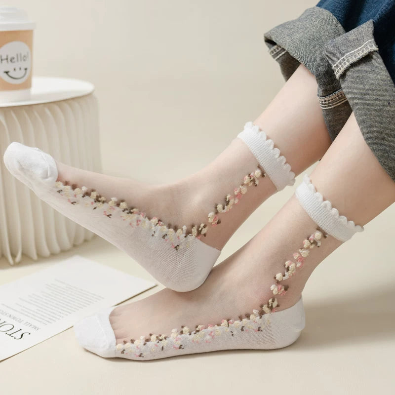 Crystorax | Lightweight Floral Mid-Calf Socks for Women, Breathable Summer Crystal Ice Silk Lace Socks with Cotton Sole