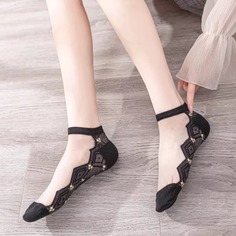 Crystorax | 5-Pack Breathable Mesh Boat Socks for Women, Lightweight Floral Jacquard Cotton Socks for Spring and Summer