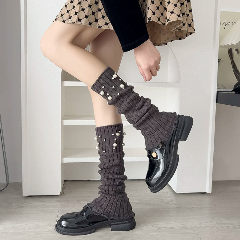 Crystorax | Pearl Accent Leg Warmers for Women, Autumn Winter Pile Mid-Calf Socks with JK and Y2K Style