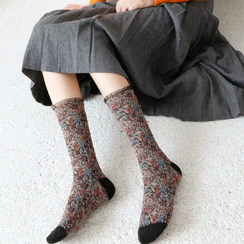 Crystorax | Women’s Cotton Mid-Calf Socks with Lace Trim for Autumn Winter