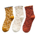 Crystorax | 3-Pack Floral Knit Mid-Calf Socks for Women, Retro Forest Style Ruffle Edge Socks for Spring and Autumn