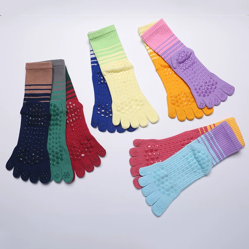 Crystorax | Gradient Stripe Non-Slip Toe Yoga Socks for Women, Mid-Calf Autumn and Winter Pilates Fitness Socks