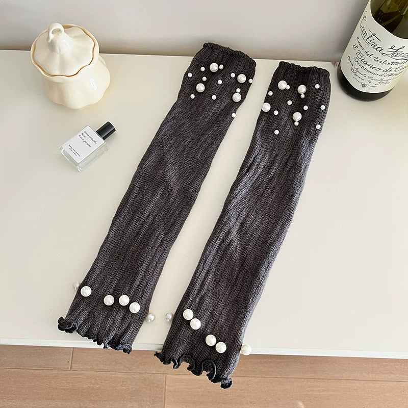 Crystorax | Pearl Accent Leg Warmers for Women, Autumn Winter Pile Mid-Calf Socks with JK and Y2K Style