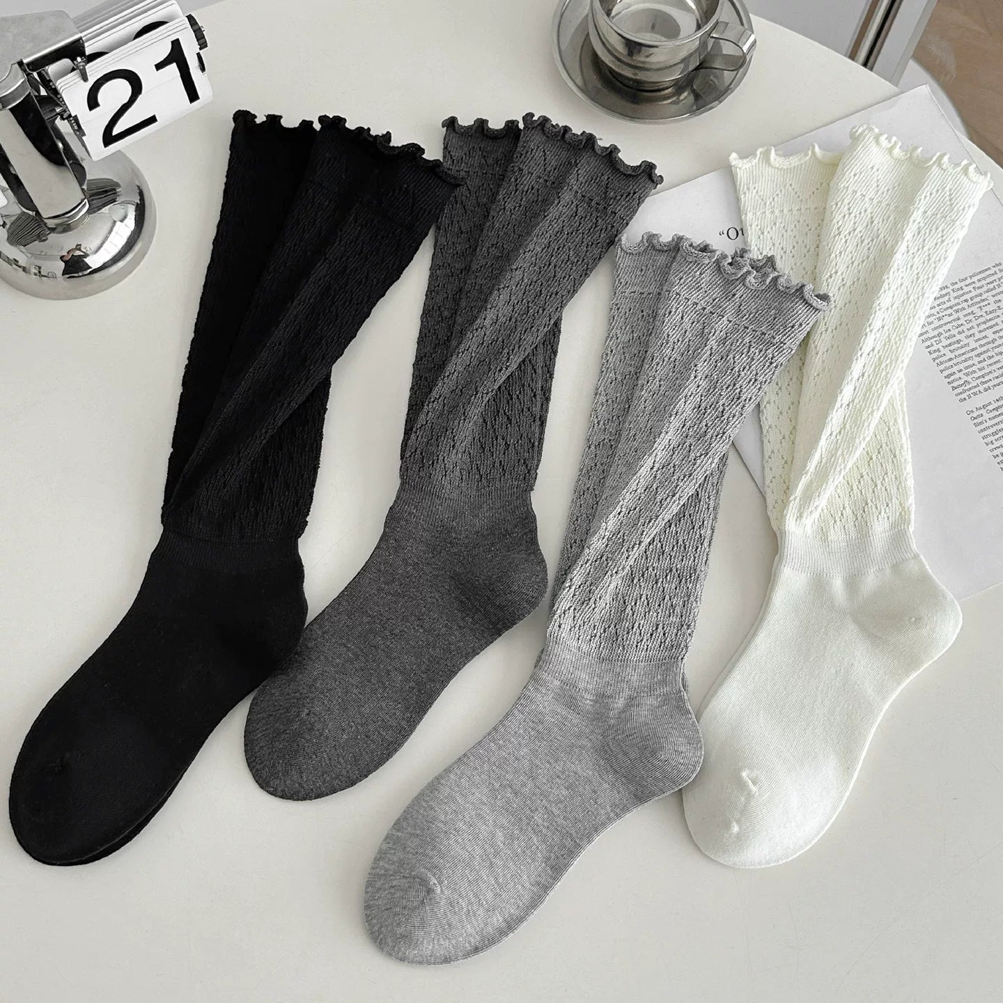 Crystorax | Women’s Knit Calf Socks with Lace Trim Detail
