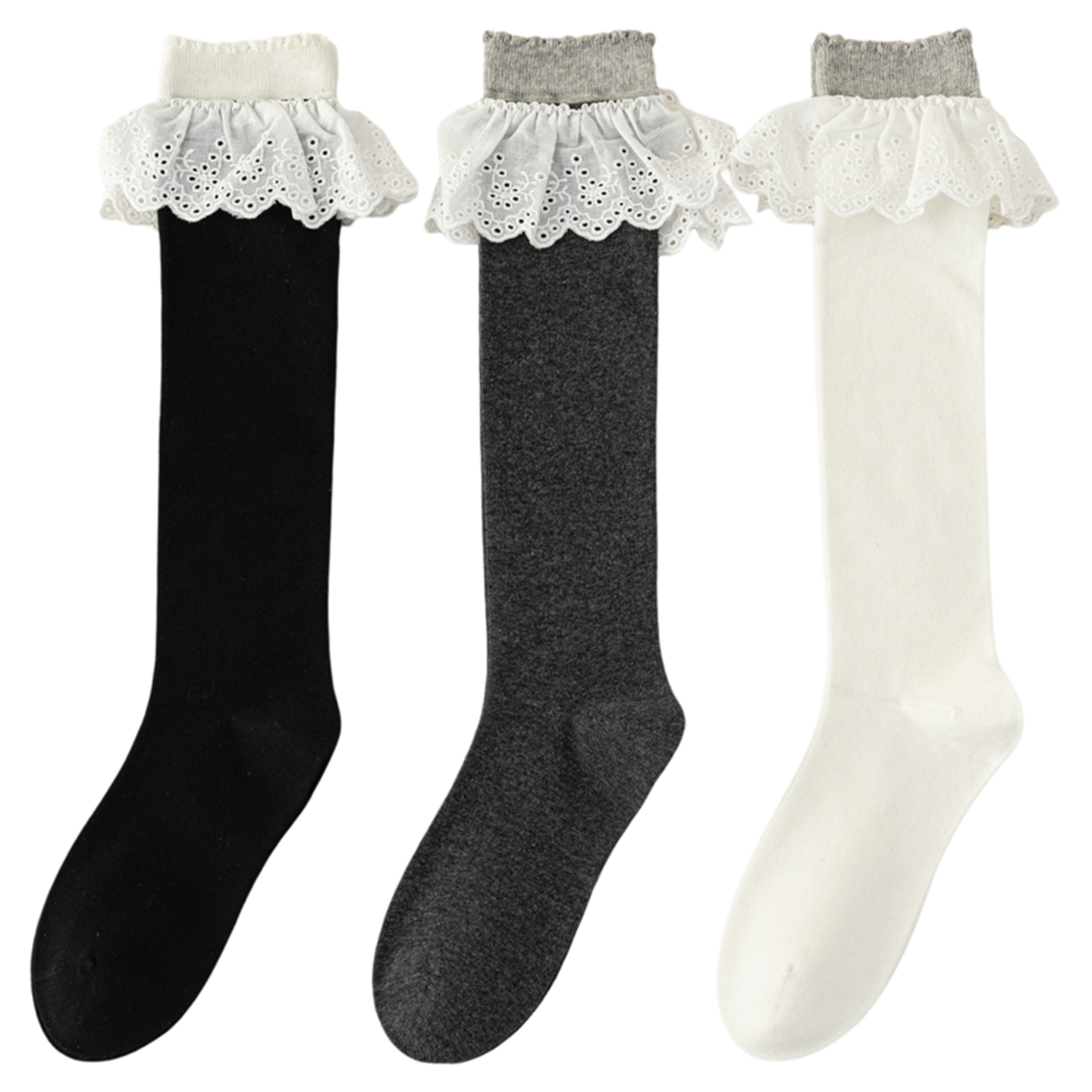 Crystorax | Calf-Length Cotton Socks for Women with Ruffled Lace Trim