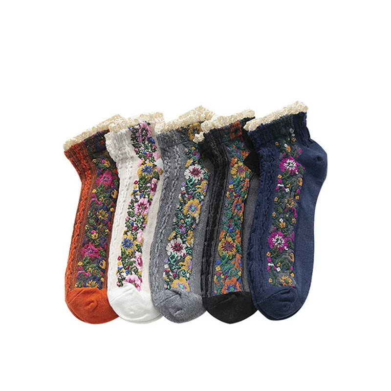 Crystorax | 3-Pack Retro Floral Twist Knit Mid-Calf Socks for Women, Textured Cotton Socks with 3D Flower Details