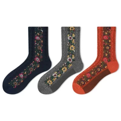 Crystorax | 3-Pack Retro Floral Twist Knit Mid-Calf Socks for Women, Textured Cotton Socks with 3D Flower Details