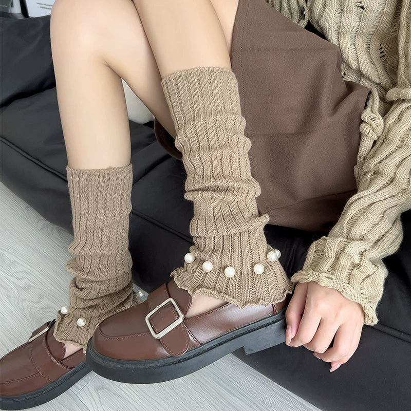 Crystorax | Pearl Accent Leg Warmers for Women, Autumn Winter Pile Mid-Calf Socks with JK and Y2K Style