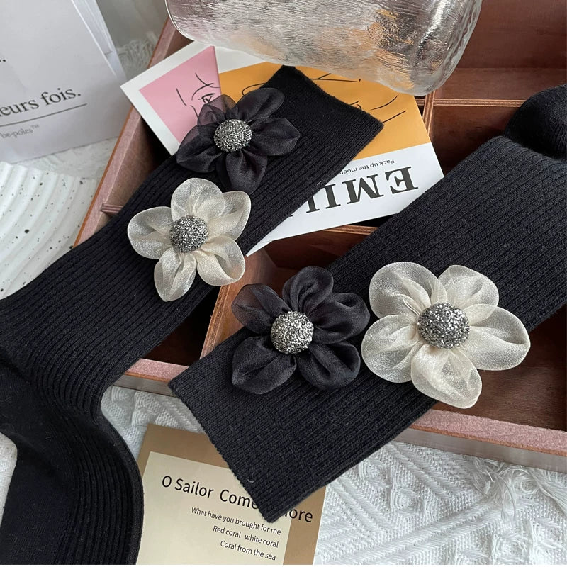 Crystorax | Elegant Floral Mesh Mid-Calf Socks for Women, Spring and Autumn Organza Flower Socks with Subtle Shine
