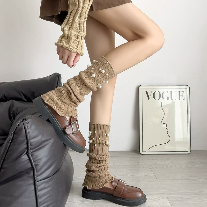Crystorax | Pearl Accent Leg Warmers for Women, Autumn Winter Pile Mid-Calf Socks with JK and Y2K Style