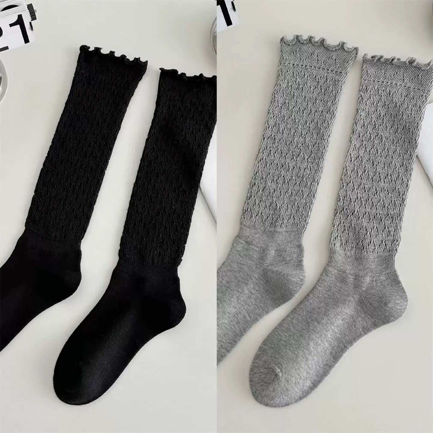 Crystorax | Women’s Knit Calf Socks with Lace Trim Detail