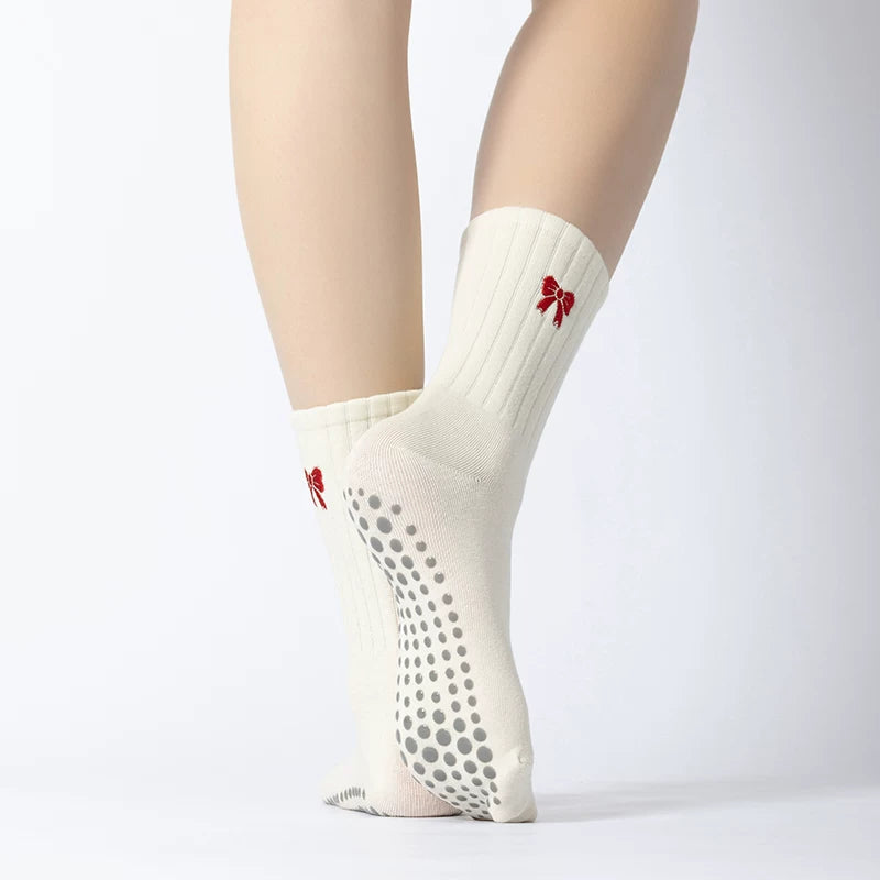 Crystorax | Bow Detail Non-Slip Mid-Calf Yoga Socks for Women, Pilates and Indoor Fitness Socks