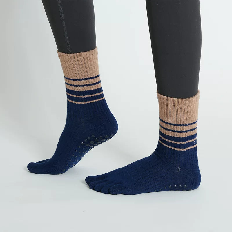 Crystorax | Gradient Stripe Non-Slip Toe Yoga Socks for Women, Mid-Calf Autumn and Winter Pilates Fitness Socks