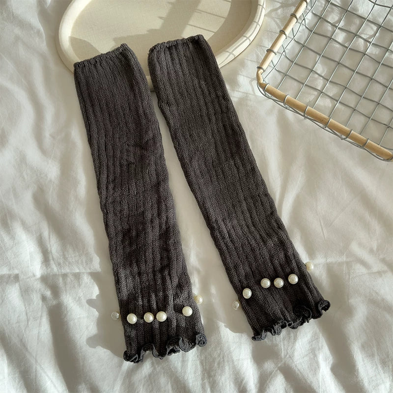 Crystorax | Pearl Accent Leg Warmers for Women, Autumn Winter Pile Mid-Calf Socks with JK and Y2K Style