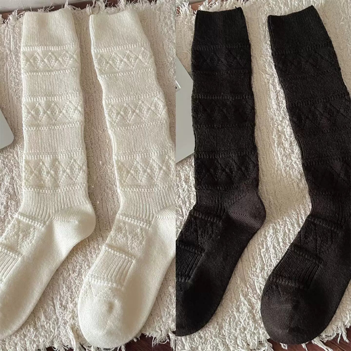 Crystorax | Warm Velvet Diamond Knit Mid-Calf Socks for Women, Korean Retro Pile Socks for Autumn and Winter