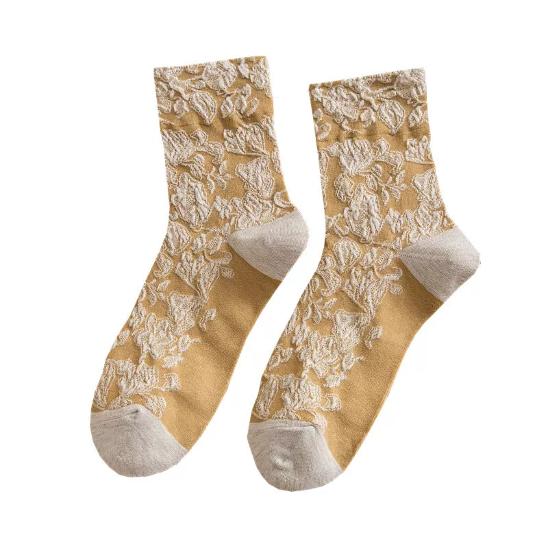 Crystorax | 3-Pack Floral Textured Mid-Calf Socks for Women, Lightweight Cotton Retro Socks for Autumn Casual Wear