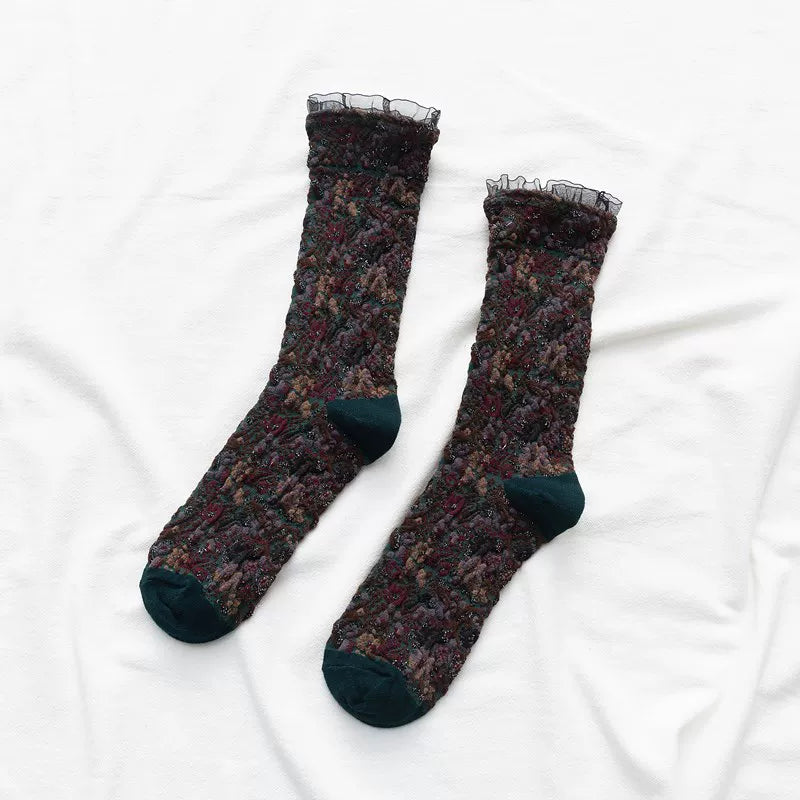 Crystorax | Women’s Cotton Mid-Calf Socks with Lace Trim for Autumn Winter