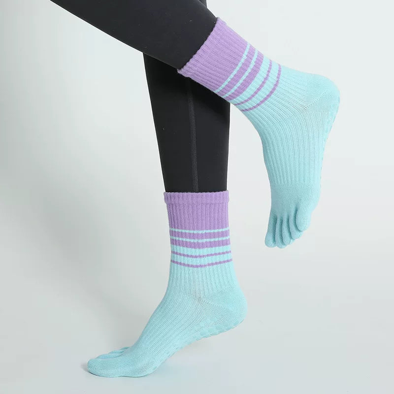 Crystorax | Gradient Stripe Non-Slip Toe Yoga Socks for Women, Mid-Calf Autumn and Winter Pilates Fitness Socks