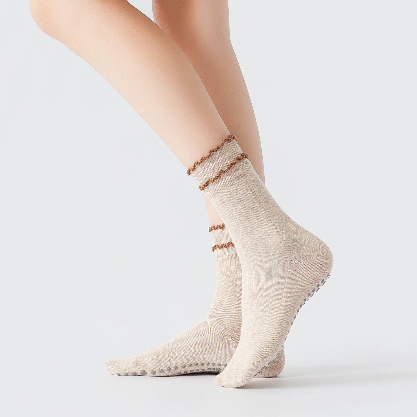 Crystorax | Lace Trim Non-Slip Mid-Calf Yoga Socks for Women, Autumn and Winter Pilates Socks for Indoor Fitness