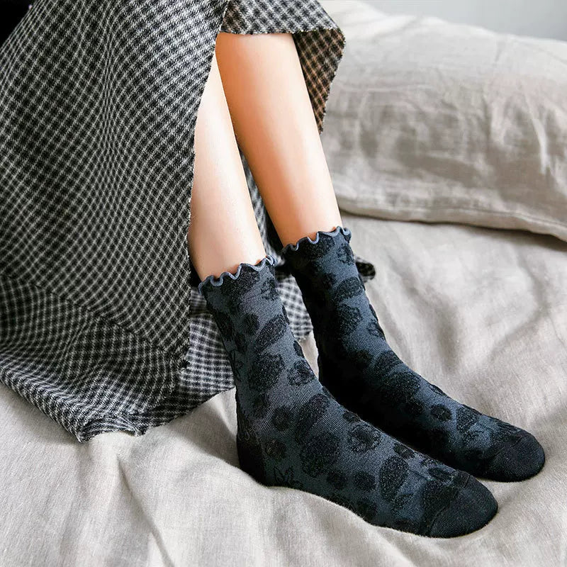 Crystorax | 3-Pack Floral Knit Mid-Calf Socks for Women, Retro Forest Style Ruffle Edge Socks for Spring and Autumn