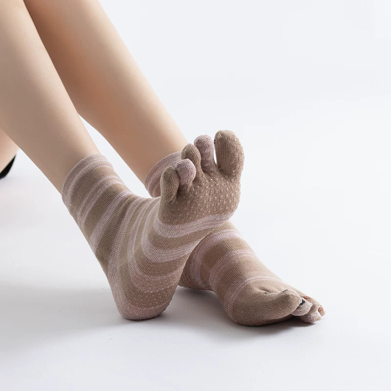 Crystorax | Cartoon Cat Five-Toe Yoga Socks for Women, Striped Non-Slip Mid-Calf Pilates Socks for Indoor Fitness