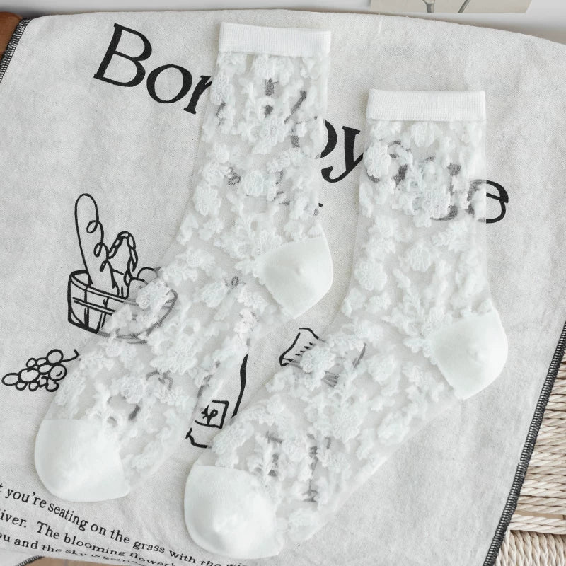 Crystorax | Retro Rose Crystal Silk Mid-Calf Socks for Women, Lightweight Spring Summer Ice Silk Floral Socks