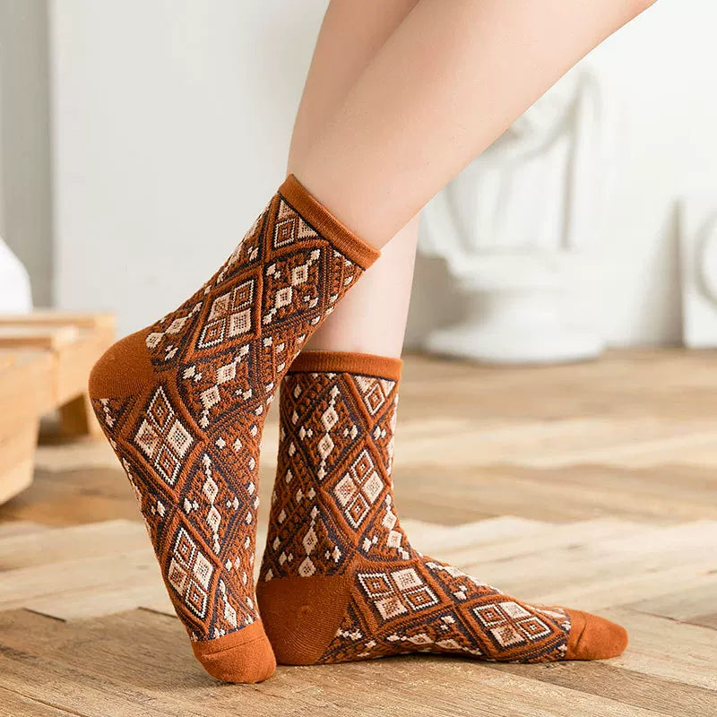 Crystorax | 3-Pack Retro Diamond Knit Mid-Calf Socks for Women, Cotton Pile Socks for Autumn and Winter Casual Wear
