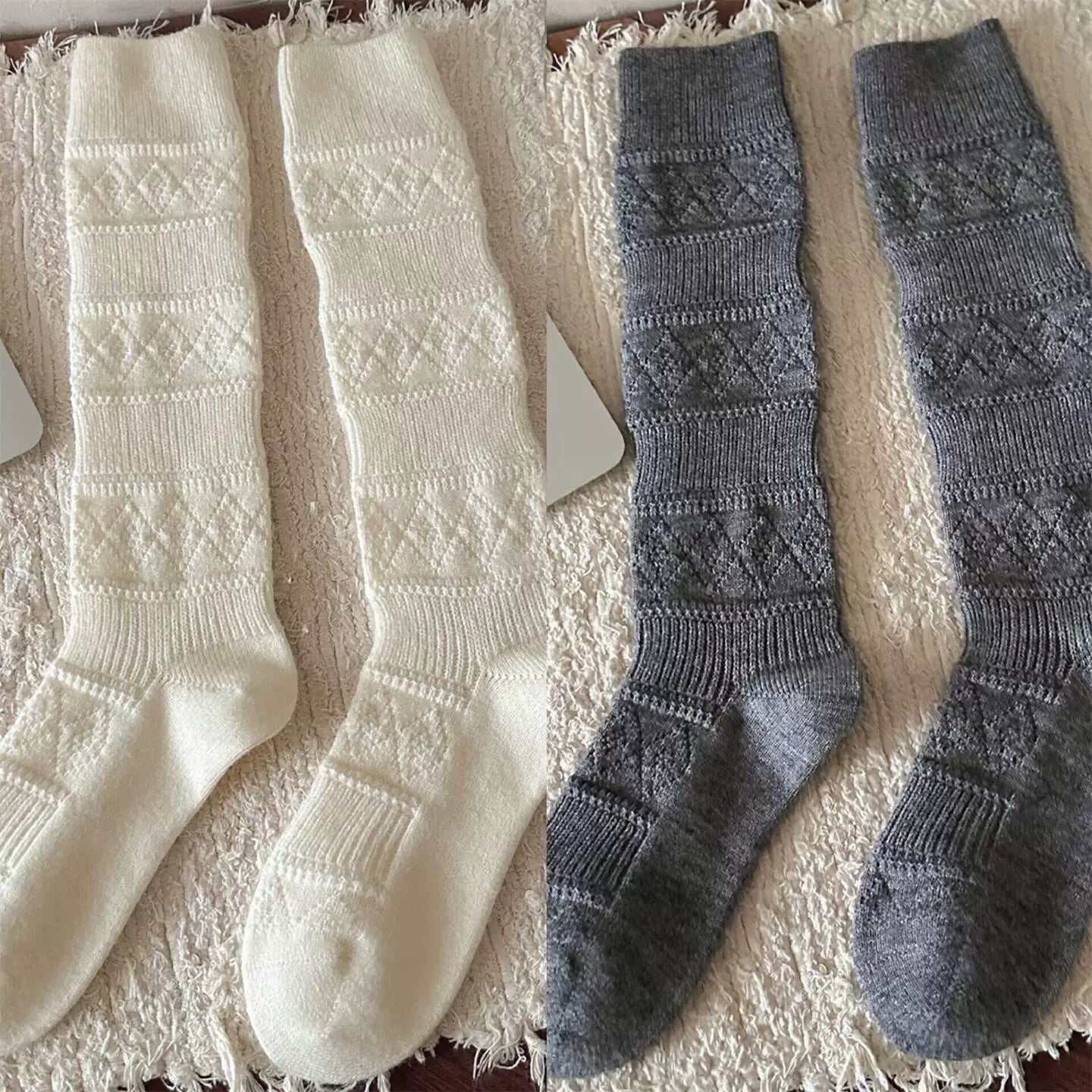 Crystorax | Warm Velvet Diamond Knit Mid-Calf Socks for Women, Korean Retro Pile Socks for Autumn and Winter