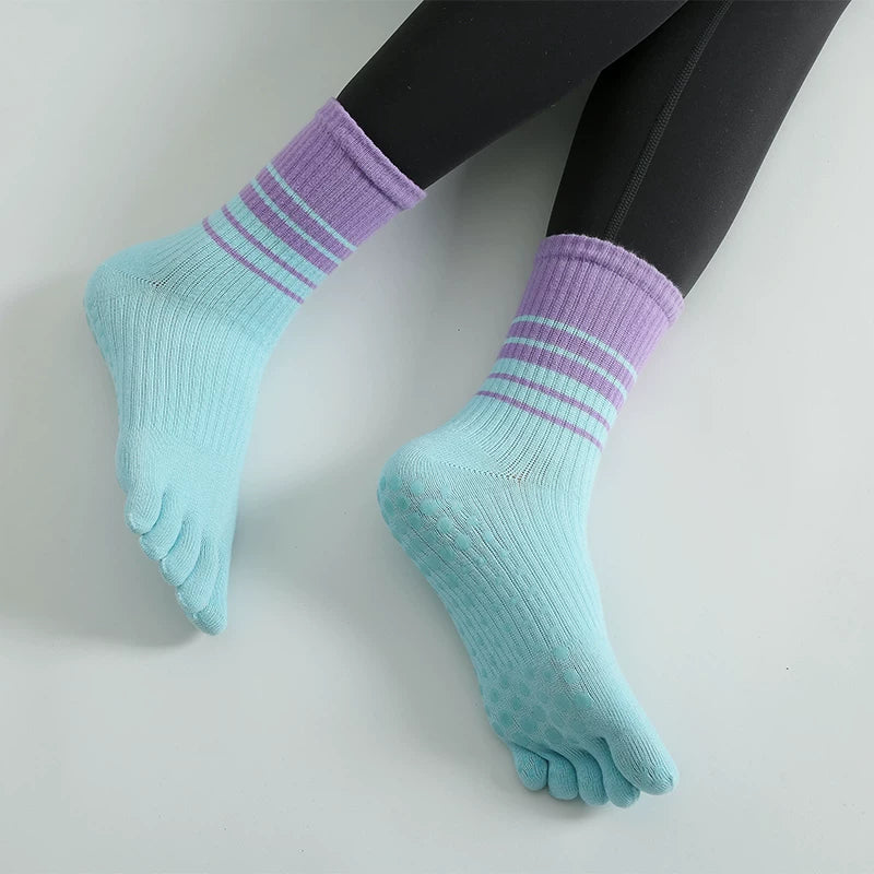 Crystorax | Gradient Stripe Non-Slip Toe Yoga Socks for Women, Mid-Calf Autumn and Winter Pilates Fitness Socks