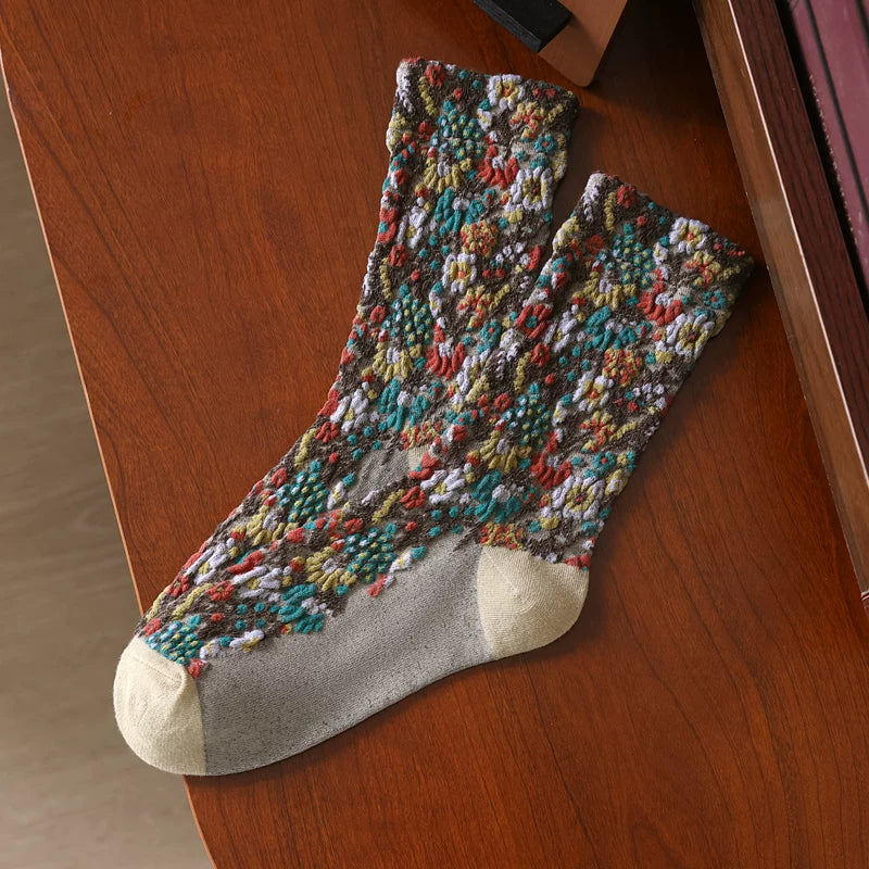 Crystorax | Embossed Floral Pile Socks for Women, Retro Forest Style Mid-Calf Socks for Spring and Autumn