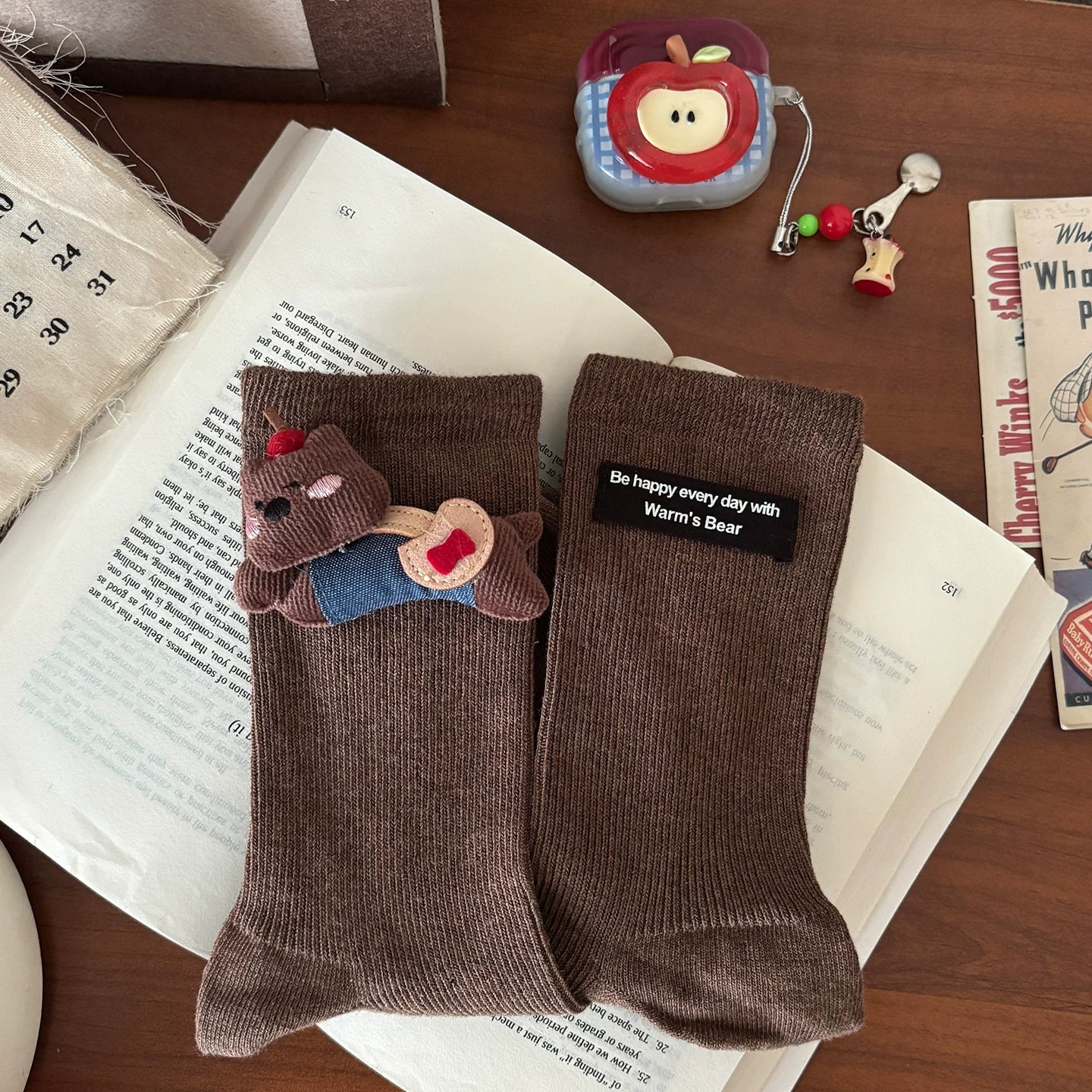 Crystorax | Coffee Brown Cotton Mid-Calf Socks for Women, Autumn Winter Japanese Cute Cartoon Socks for Leather Shoes