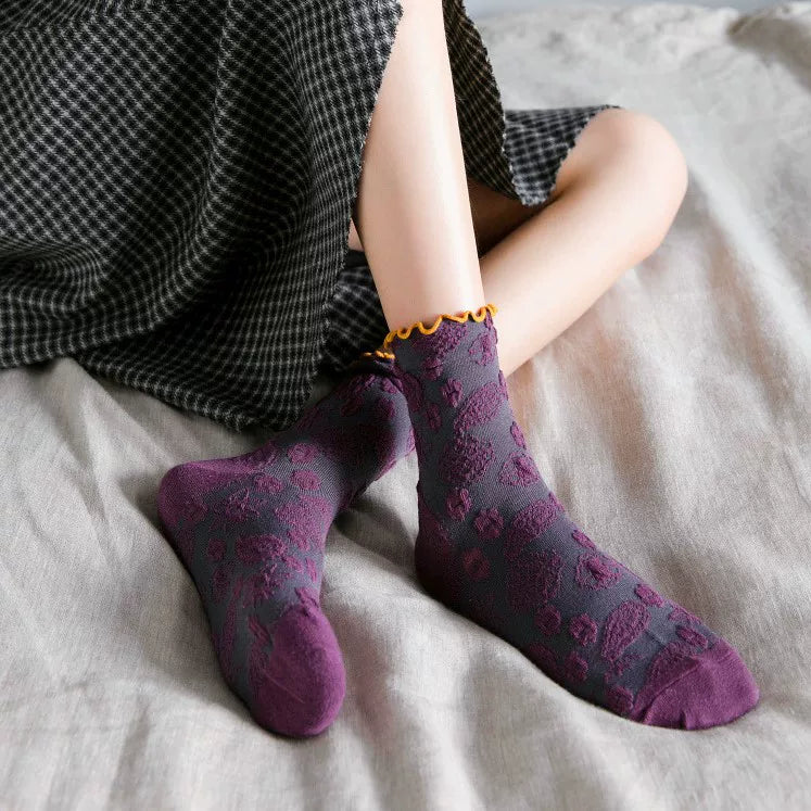 Crystorax | 3-Pack Floral Knit Mid-Calf Socks for Women, Retro Forest Style Ruffle Edge Socks for Spring and Autumn