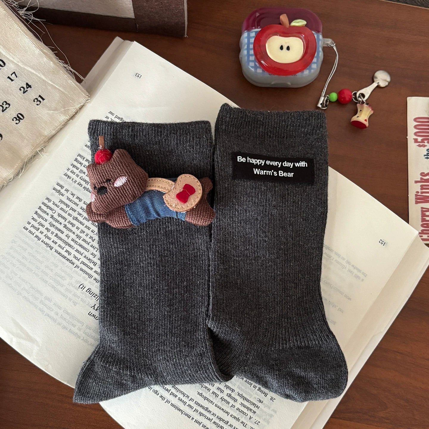 Crystorax | Coffee Brown Cotton Mid-Calf Socks for Women, Autumn Winter Japanese Cute Cartoon Socks for Leather Shoes