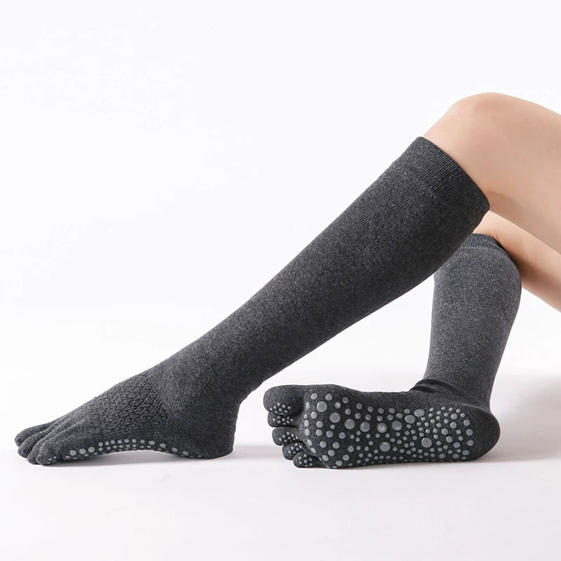 Crystorax | Five-Toe Non-Slip Yoga Socks for Women, Cotton Mid-Calf Pilates and Dance Socks for Indoor Fitness