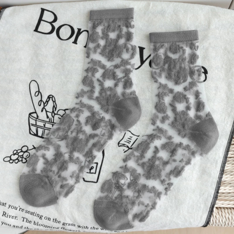 Crystorax | Retro Rose Crystal Silk Mid-Calf Socks for Women, Lightweight Spring Summer Ice Silk Floral Socks