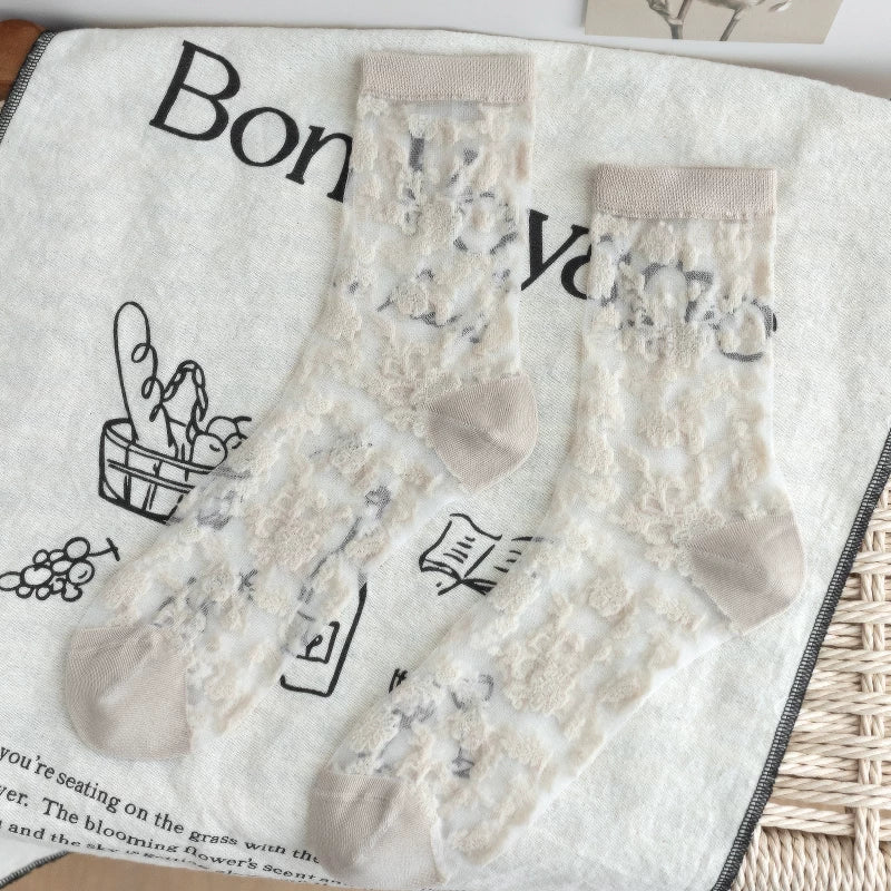 Crystorax | Retro Rose Crystal Silk Mid-Calf Socks for Women, Lightweight Spring Summer Ice Silk Floral Socks