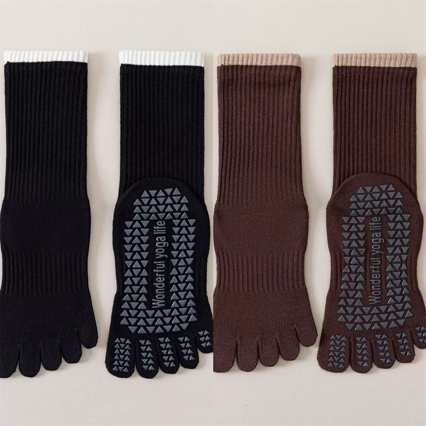 Crystorax | Striped Five-Toe Yoga Socks for Women, Non-Slip Mid-Calf Socks for Pilates, Dance, and Fitness