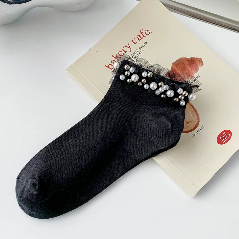 Crystorax | Black and White Lace Mid-Calf Socks for Women, Japanese-Inspired Cute Pearl Detail Spring Fashion Socks